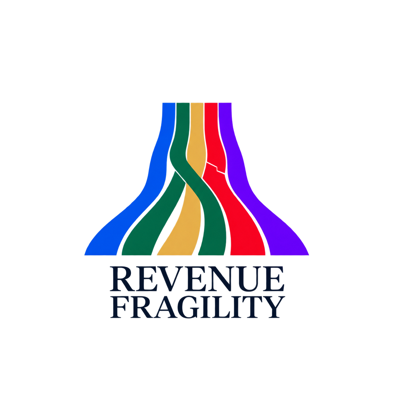 Revenue Fragility logo: five colored ribbons with a fractured red strand, above the project name.